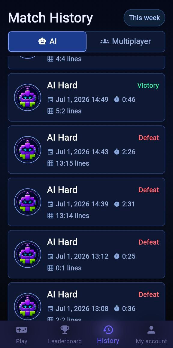 Block battle match history with recent wins, losses, duration, and completed lines